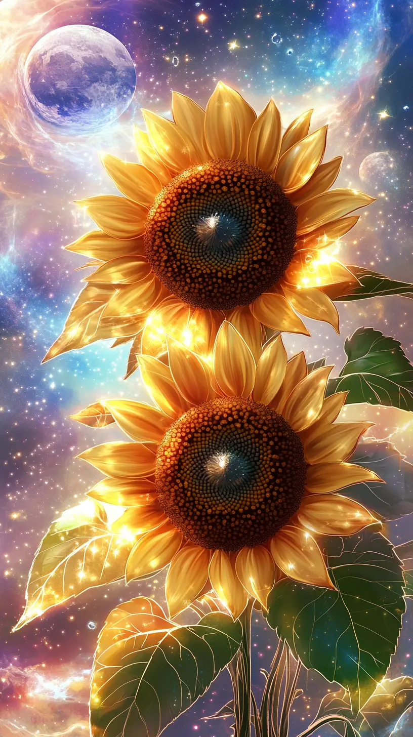 Glowing Sunflowers Against A Cosmic Night Sky