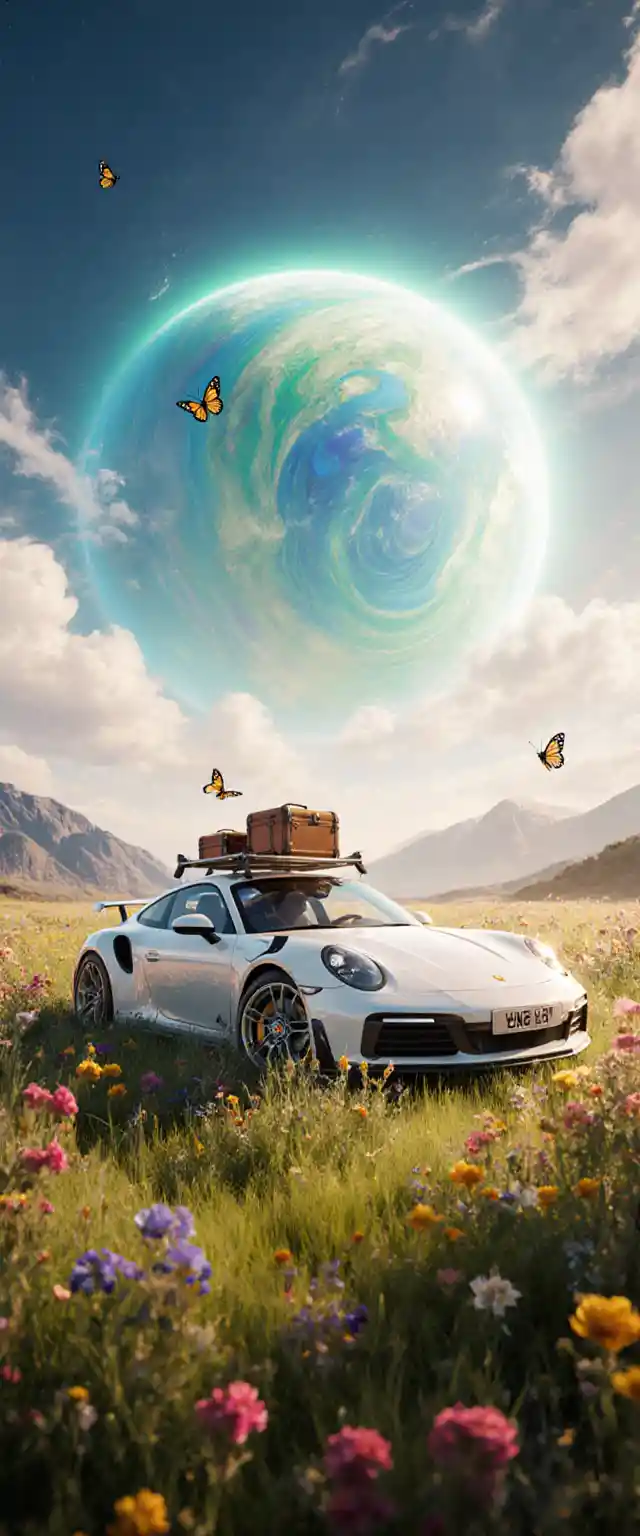 White sports car in a surreal meadow under a giant planet