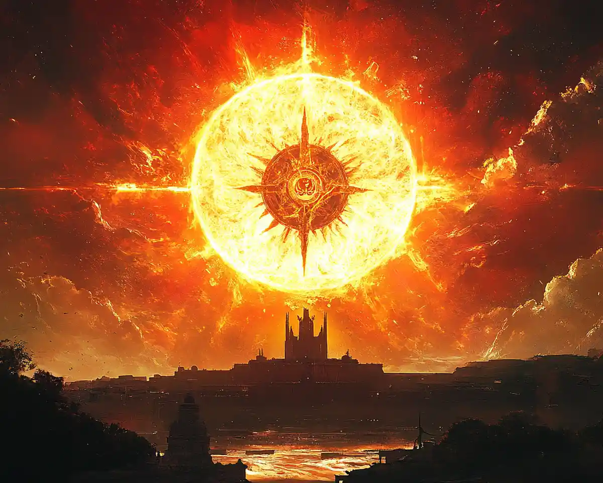 Massive fiery sun with glowing ancient emblem in darkness
