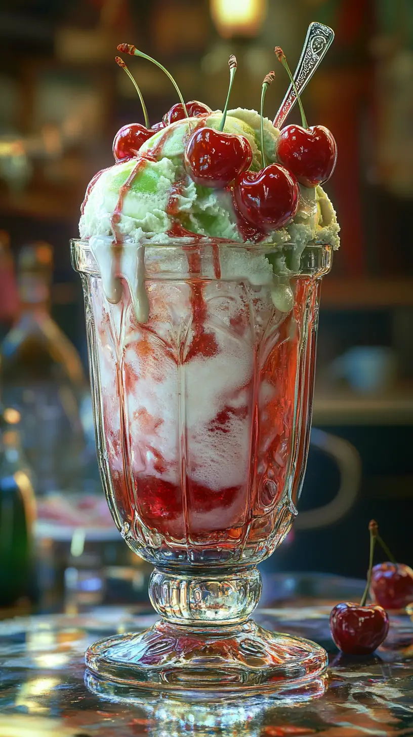 Vintage cafe melon soda float with round ice cream