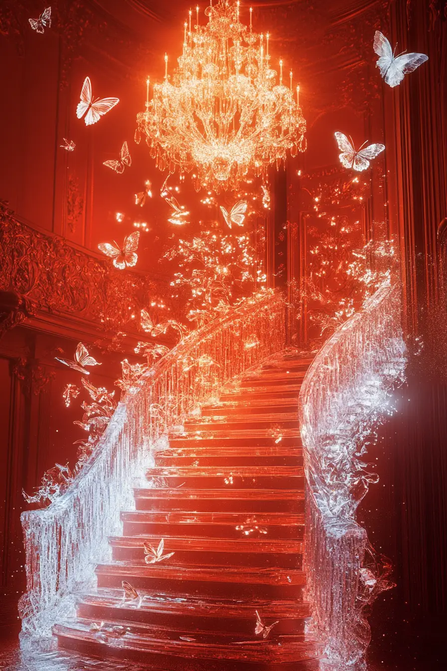 Surreal ice staircase with glowing filigree against red background