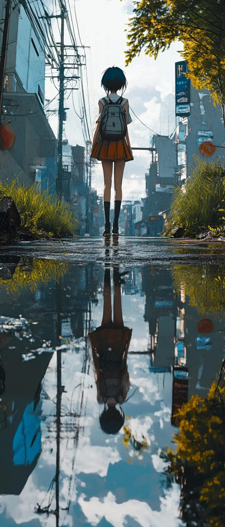 Ragazza anime su strada cittadina piovosa con riflessi