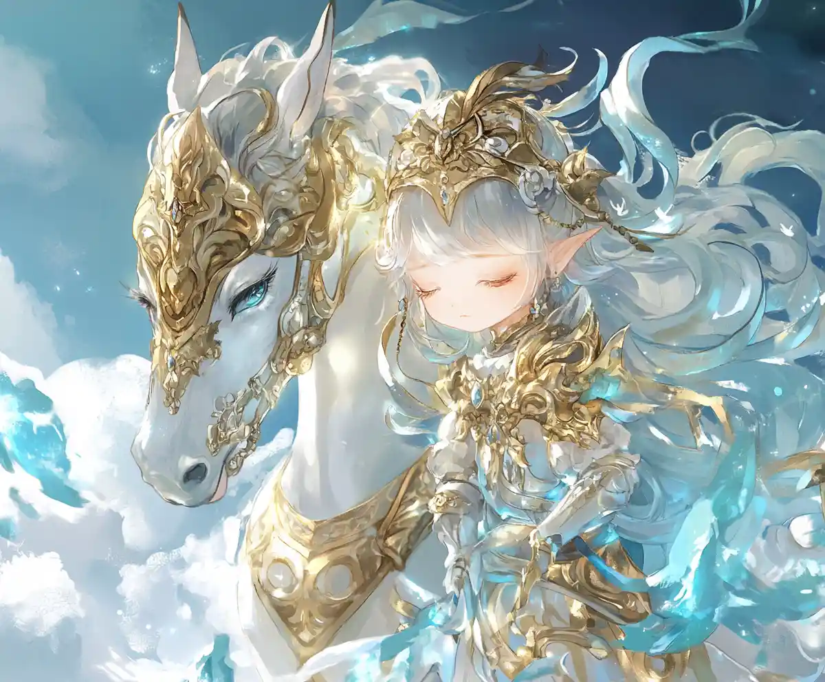 Serene chibi warrior woman beside glowing porcelain steed