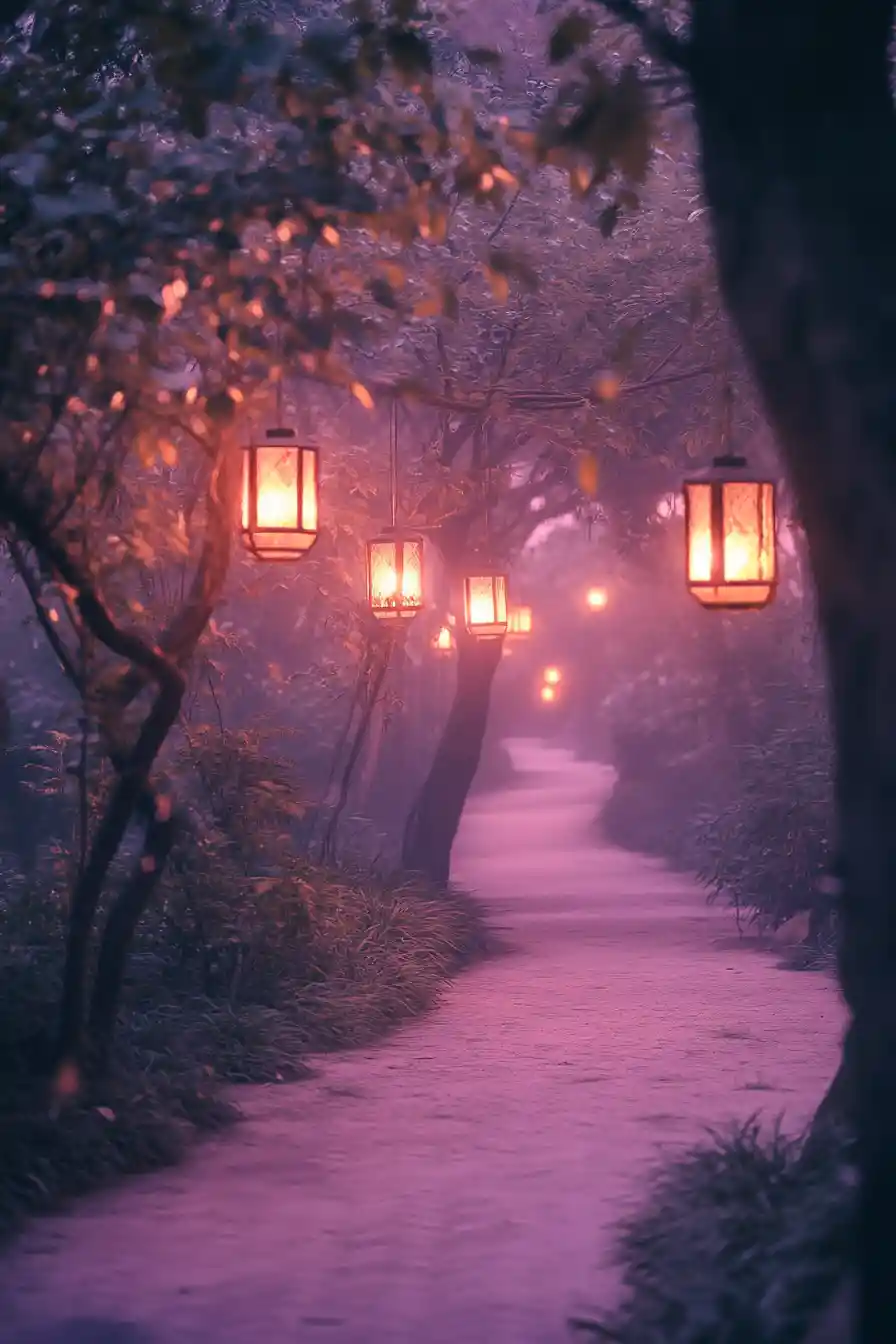 Pastel evening pathway lit by hanging lanterns