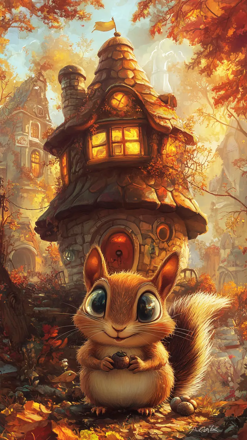 Cute giant chipmunk sitting before a fantasy acorn house