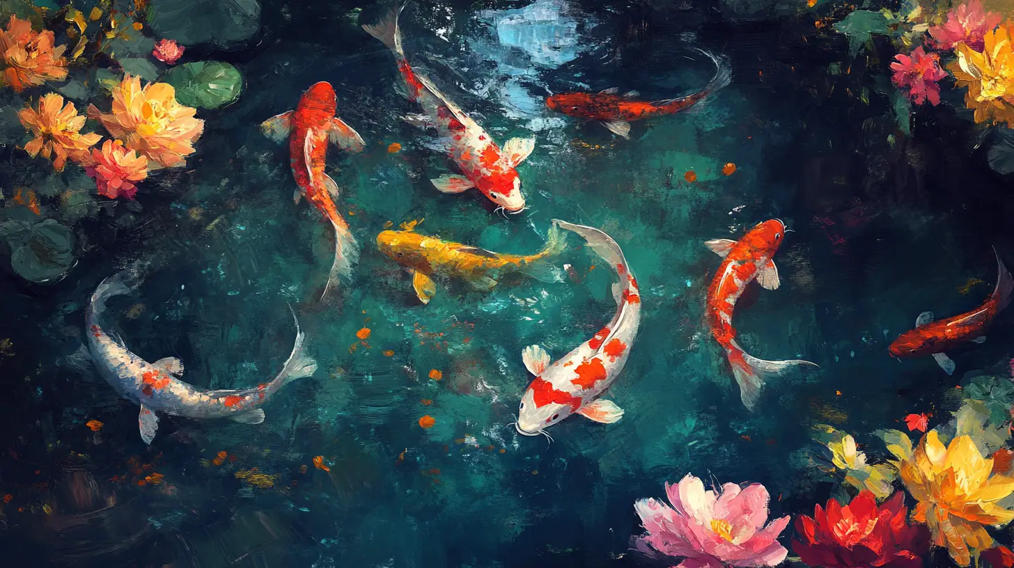 Realistic koi fish swimming beneath a tranquil garden pond