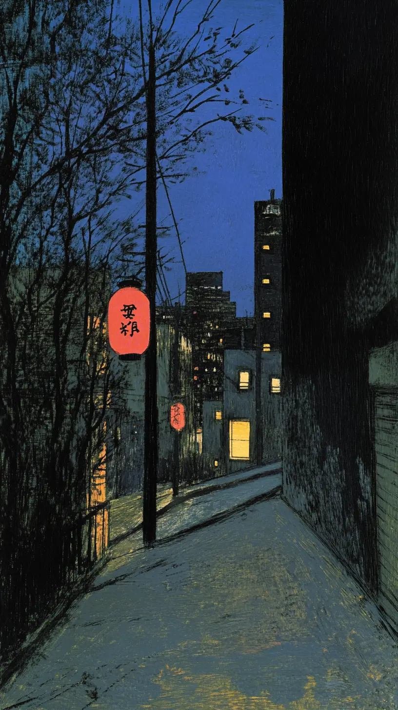 Ukiyo e city street at night with glowing lanterns