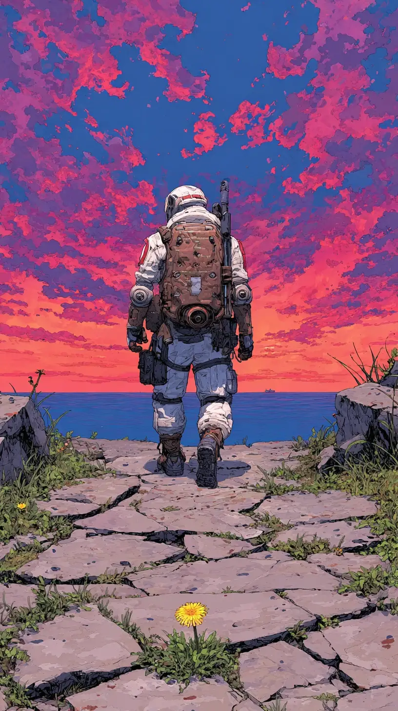 Soldier Walking Along Ruined Path At Ocean Sunset