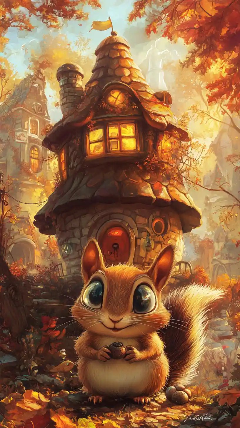 Cute giant chipmunk sitting before a fantasy acorn house