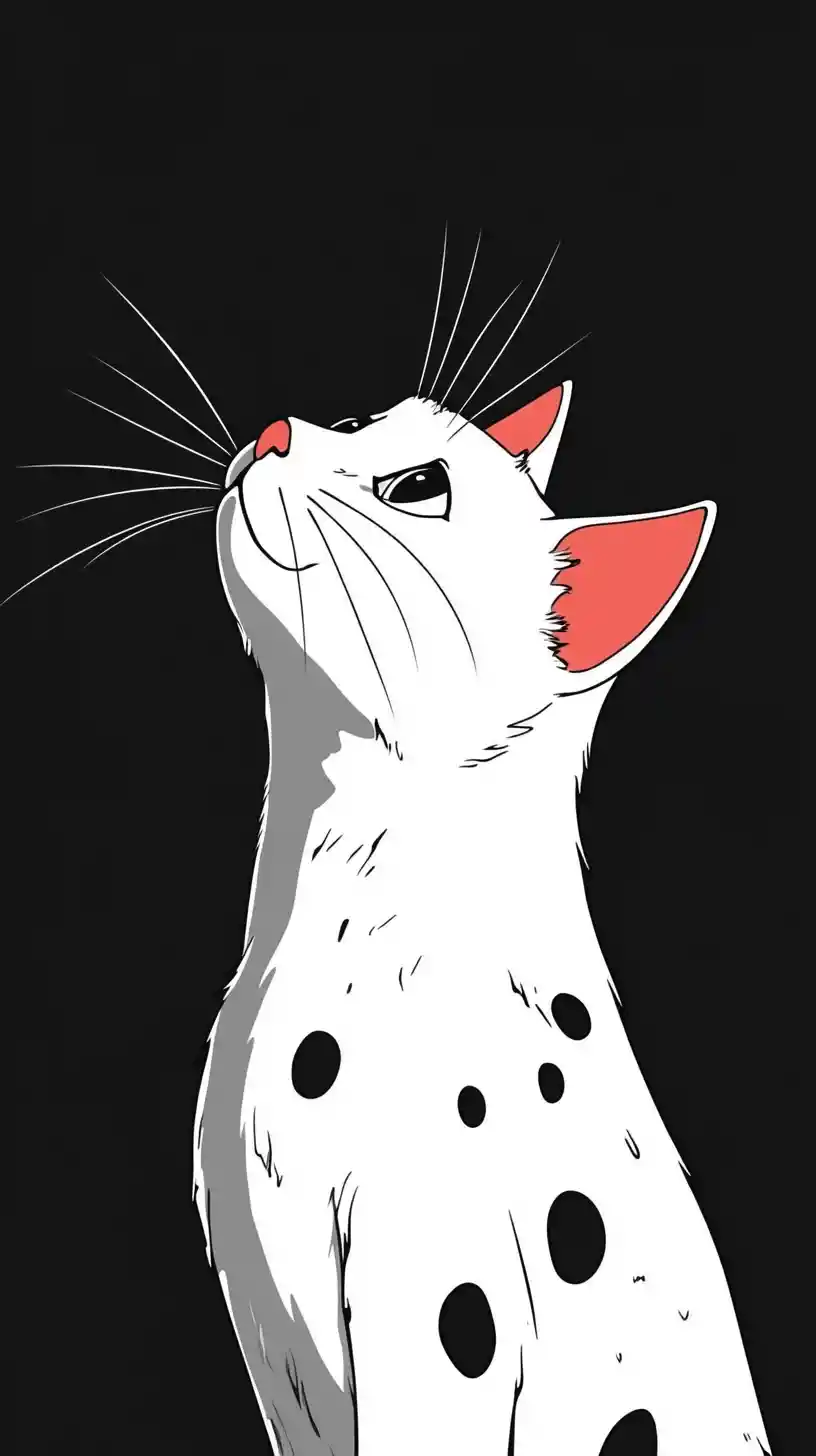 Cartoon white cat with black spots in a tender pose