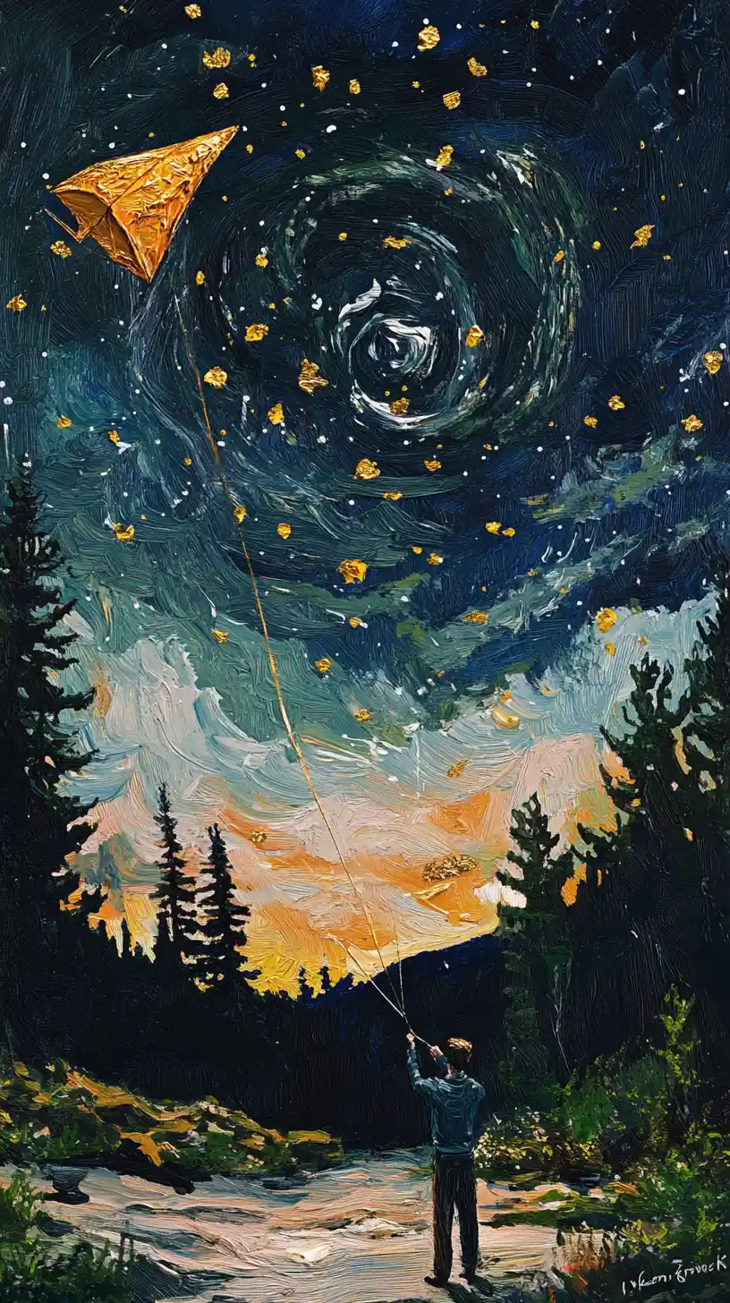 Mann, der unter einem sternenklaren Aquarell-Nachthimmel einen Drachen fliegt