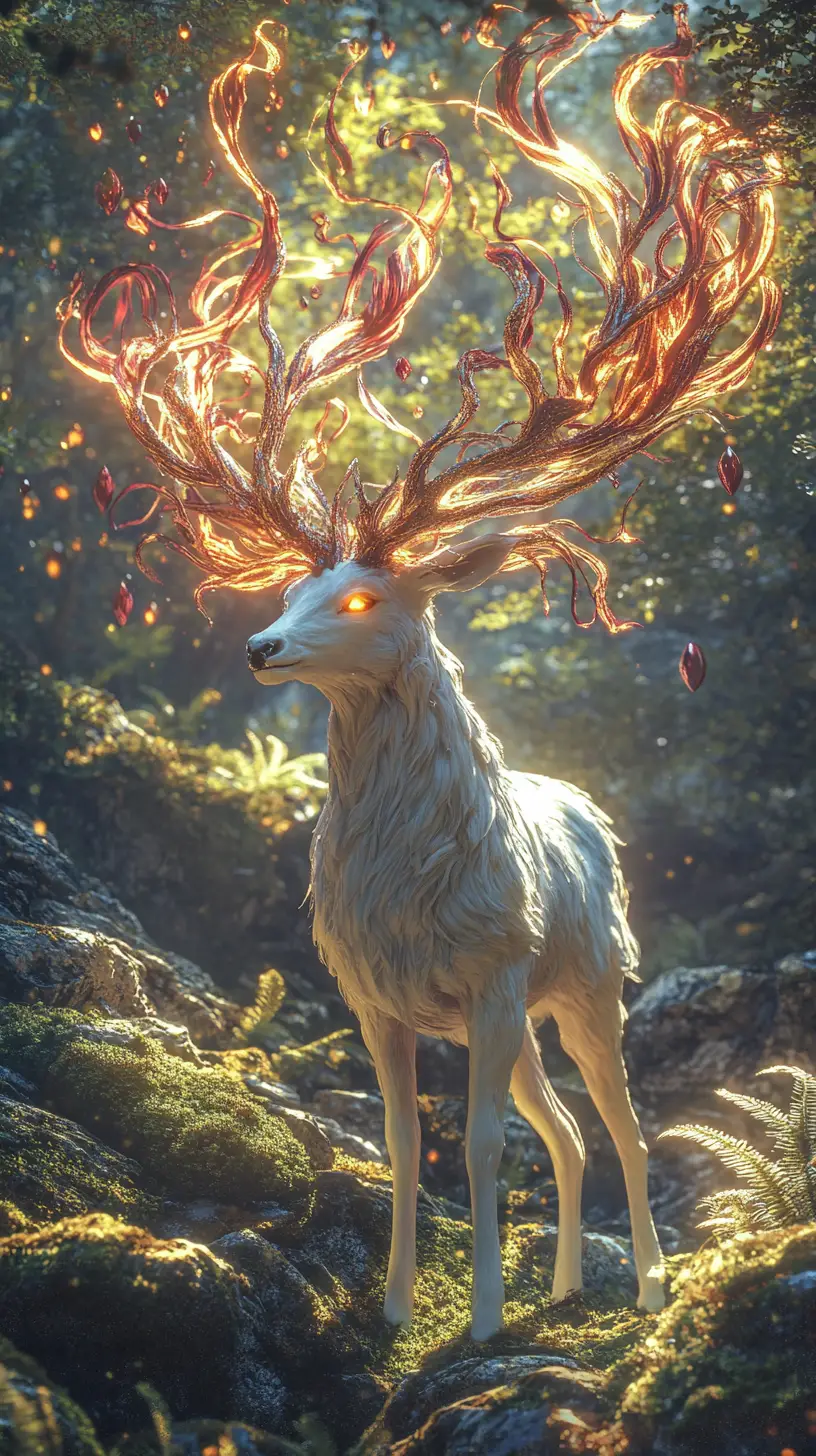 Porcelain white stag in ethereal forest close up
