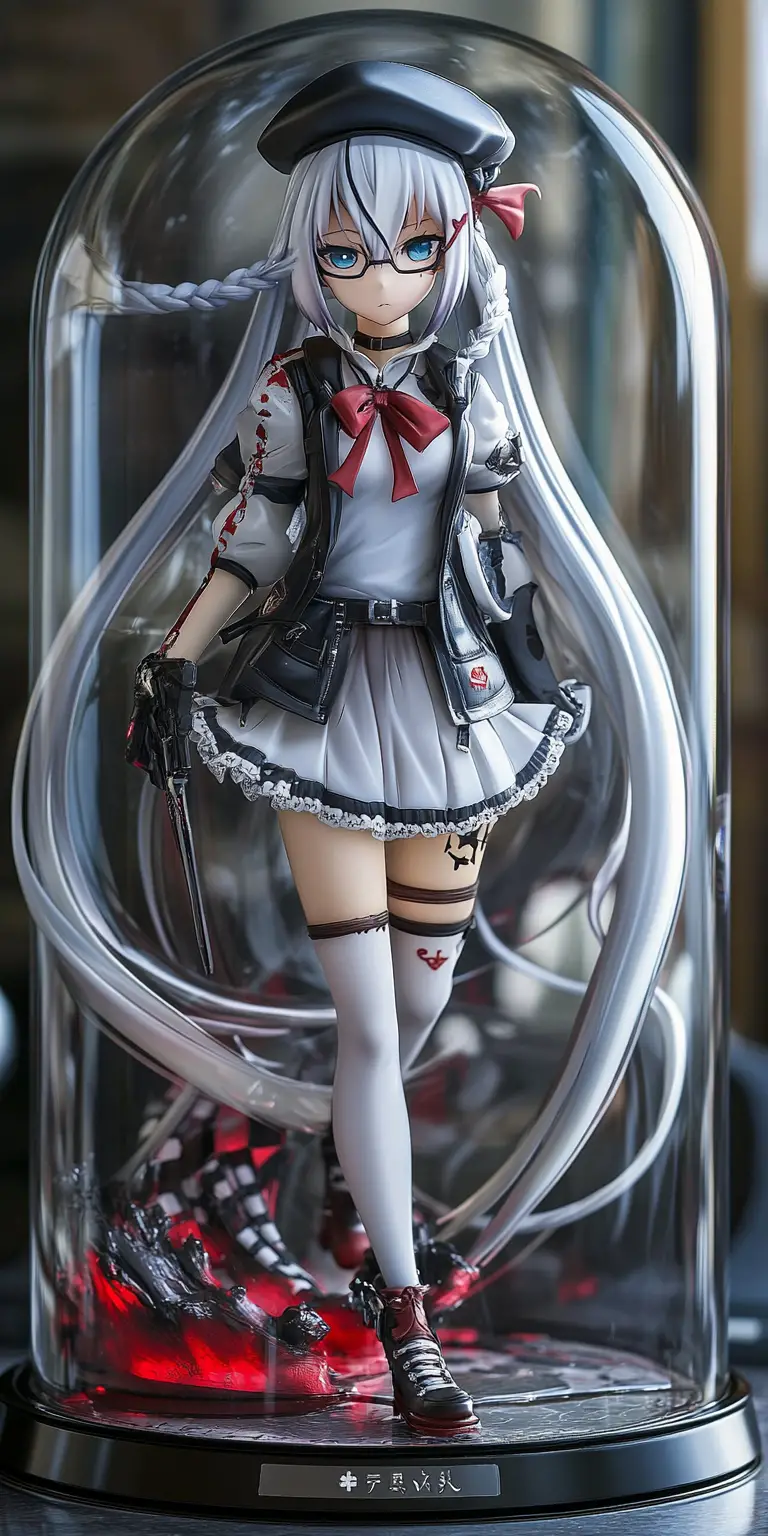 Anime girl figurine in glass case with chess themed outfit