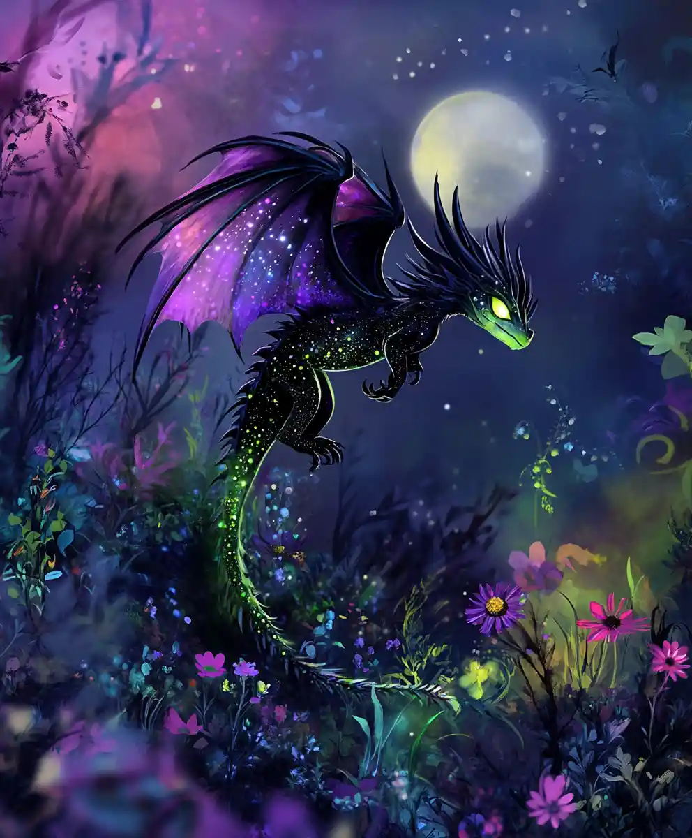 Whimsical Dragons Dancing Under A Moonlit Fantasy Sky