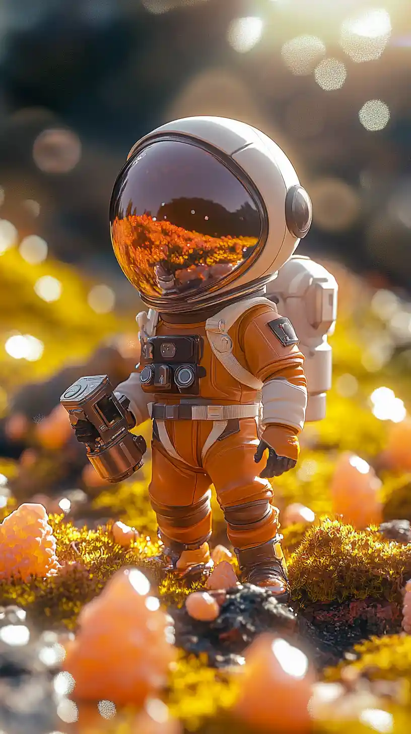 Giocattolo stilizzato di esploratore spaziale in vinile su mondo alieno di cristallo