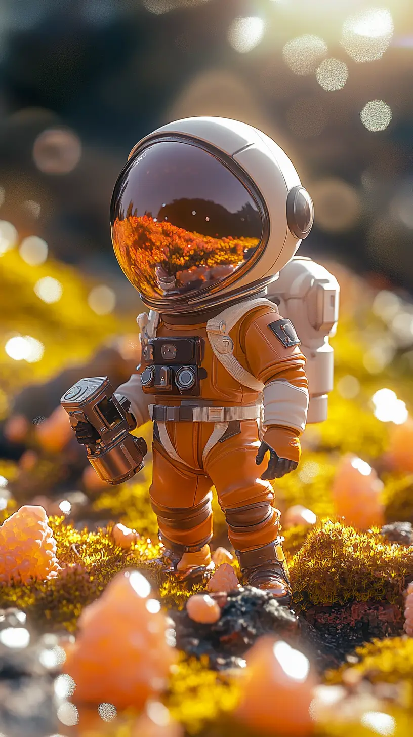 Stylized vinyl space explorer toy on crystal alien world