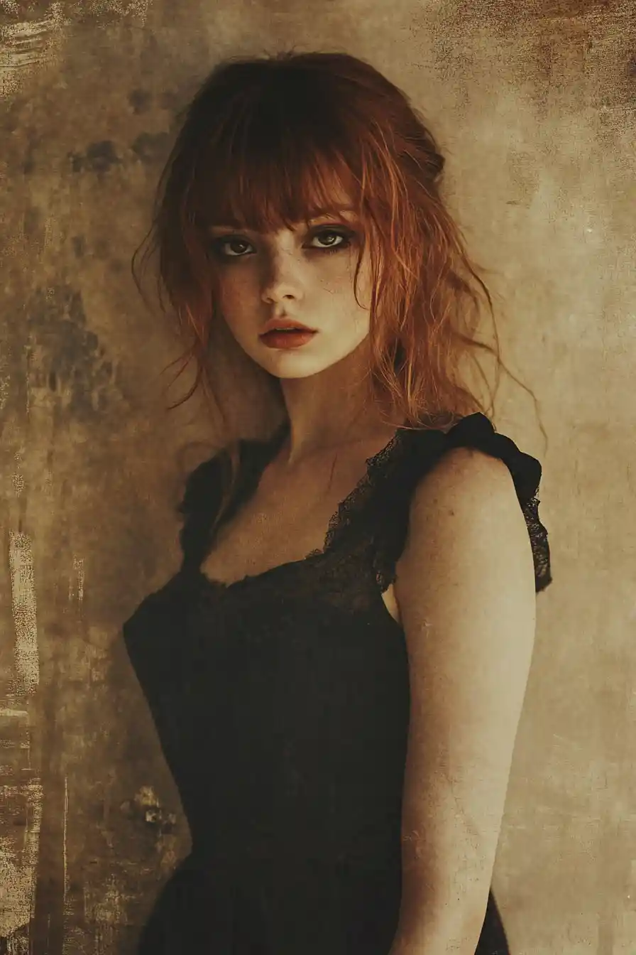Stylish anime woman with auburn hair and black dress