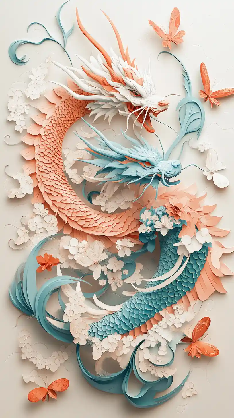 Intertwined paper dragons in elegant layered artwork
