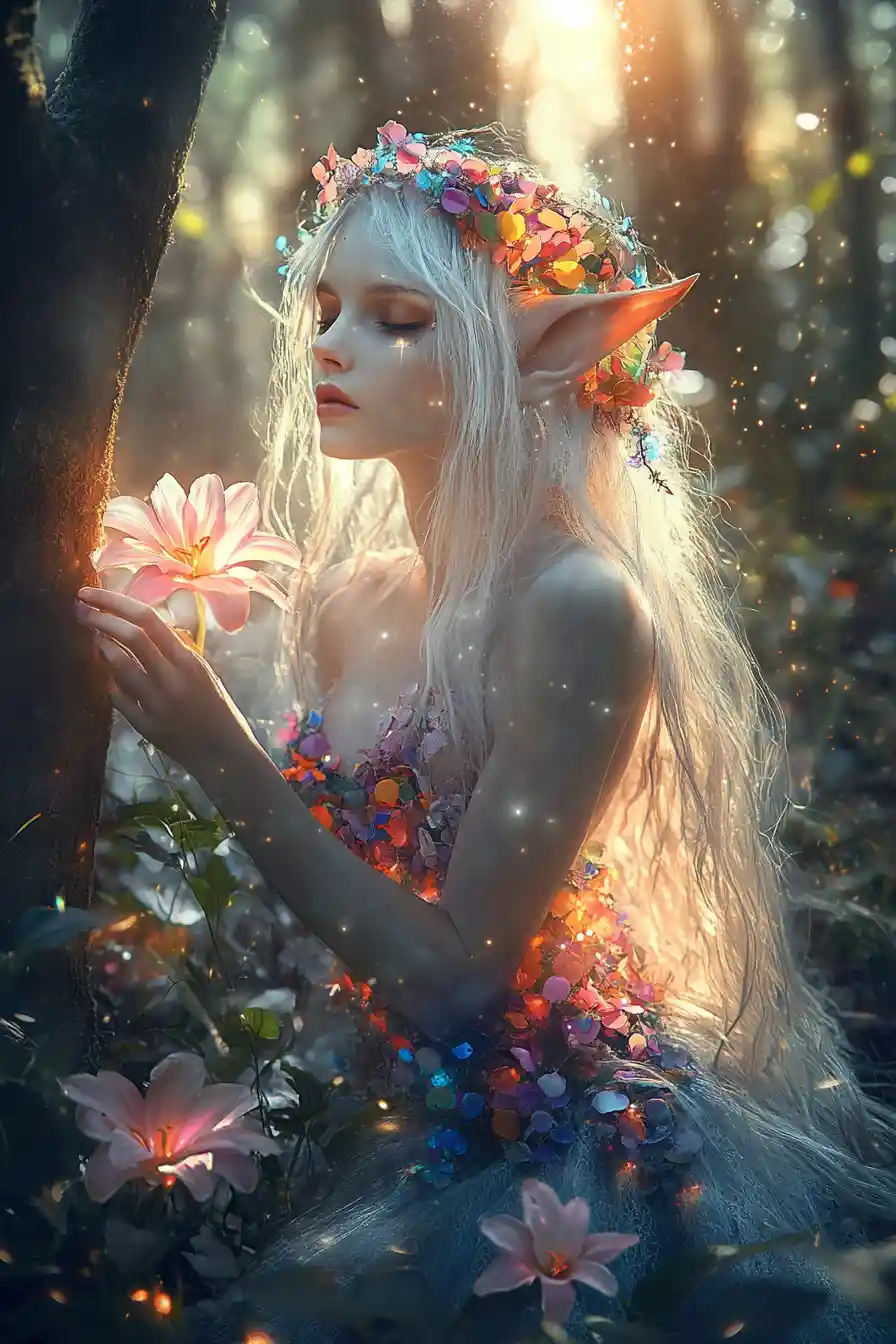 Ethereal elf woman in a glowing fantasy forest