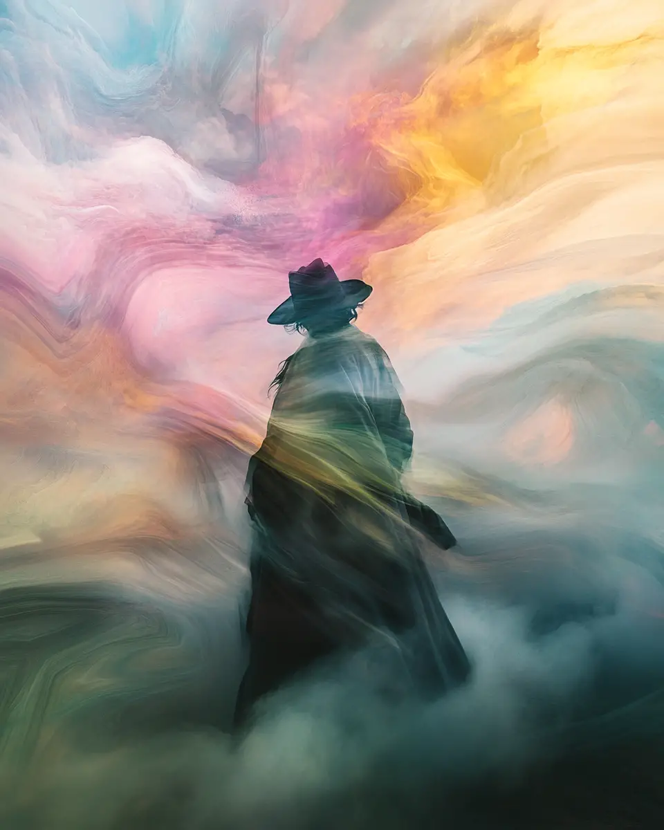 Cartoon thief stepping from surreal misty abstract landscape