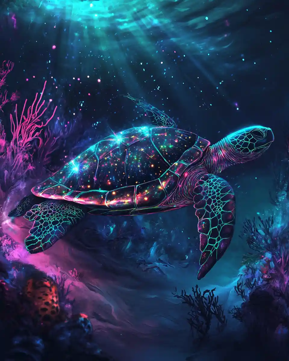 Cosmic black turtle glowing in a vibrant underwater scene