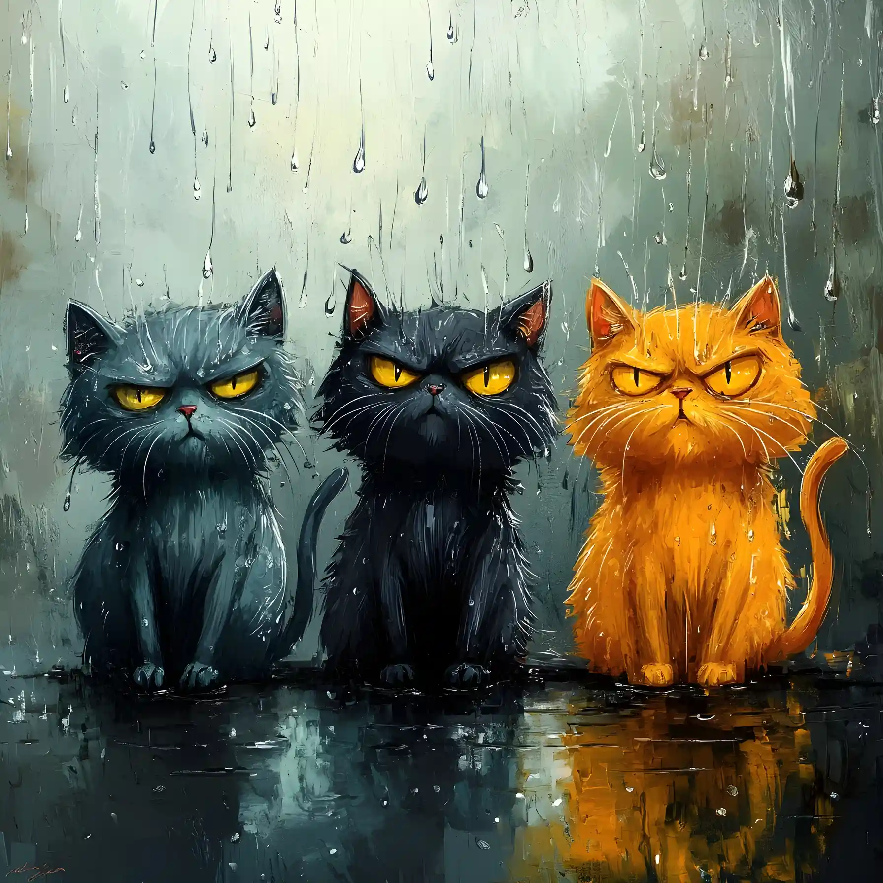 Three Grumpy Cats Sitting Outside In The Rain