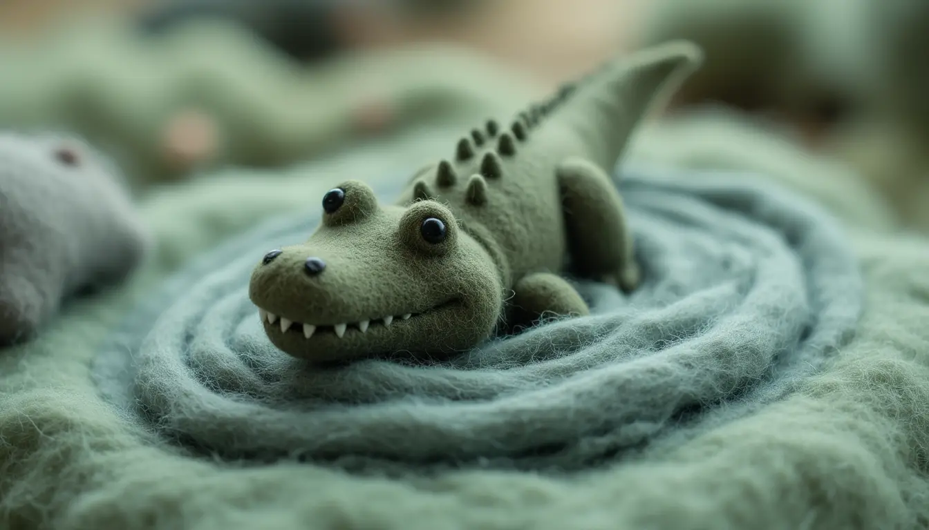Needle felt crocodile in soft woolen water scene