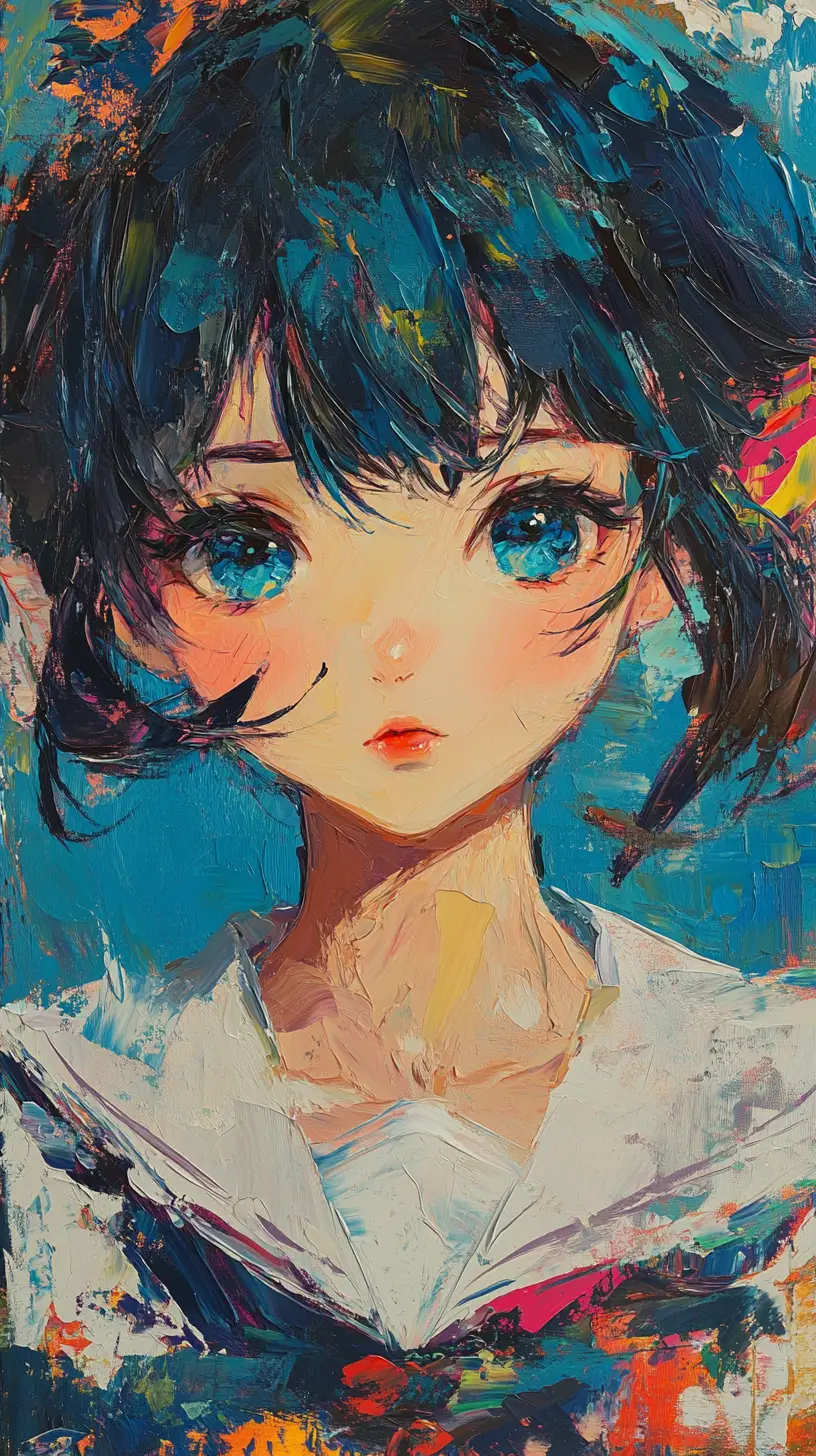 Colegiala de anime con el pelo colorido y despeinado en público