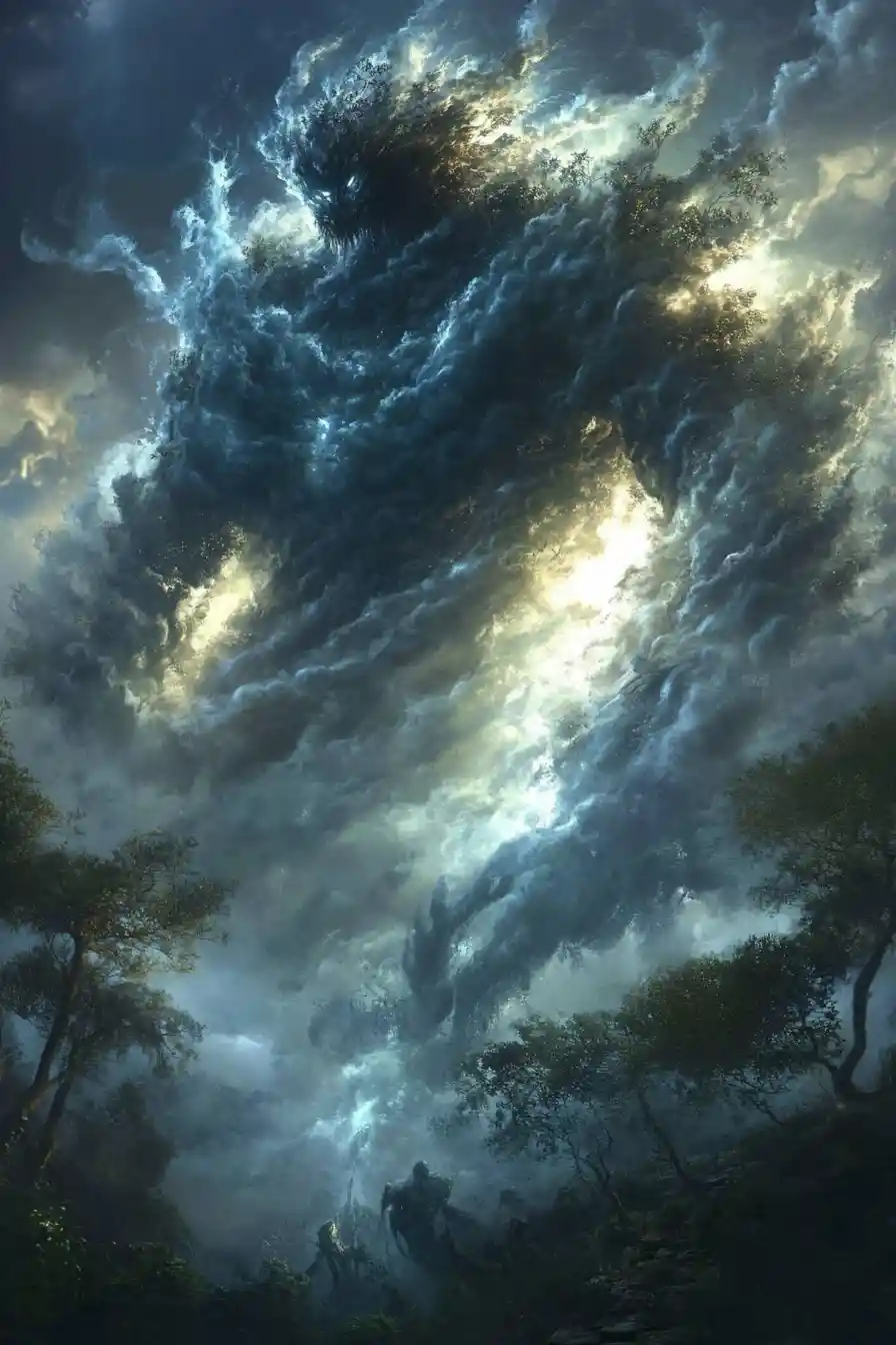 Elemental spirit rising above a sacred herbal grove