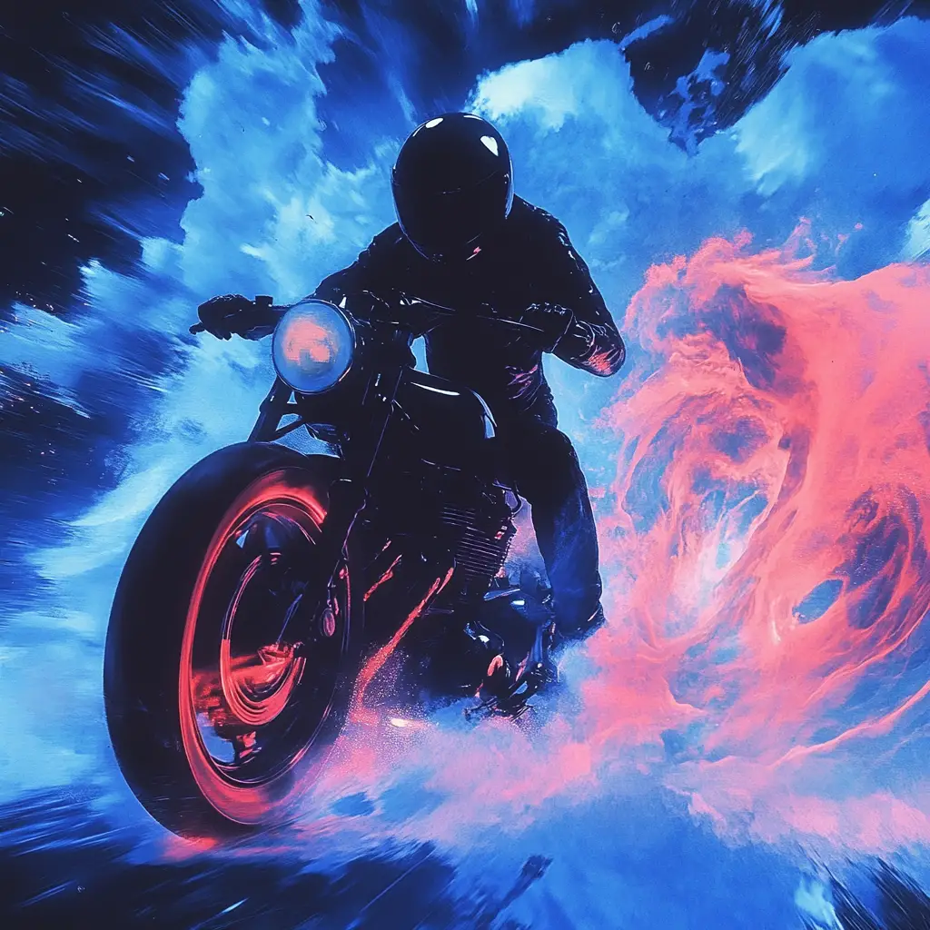 Dadaist motorcycle stunt on a nocturnal city street