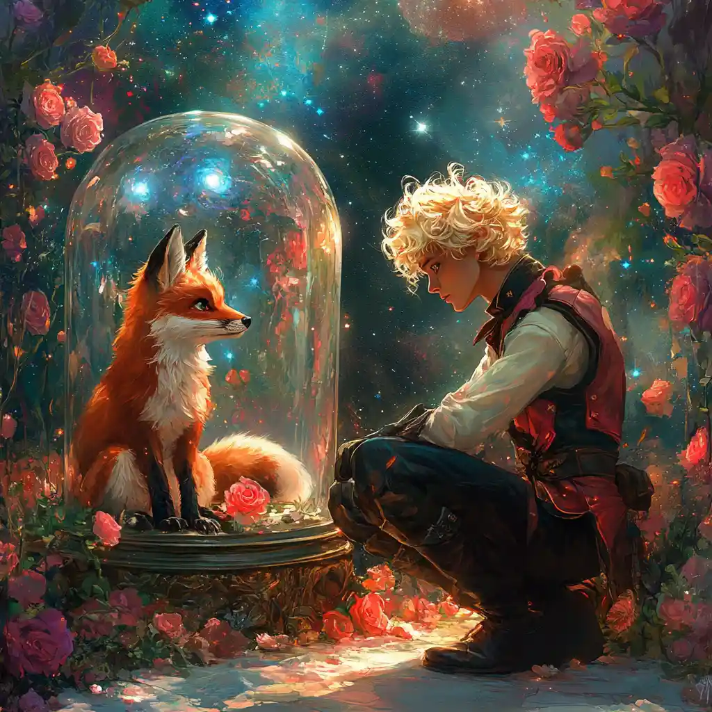 Young man and fox under a glass dome in space