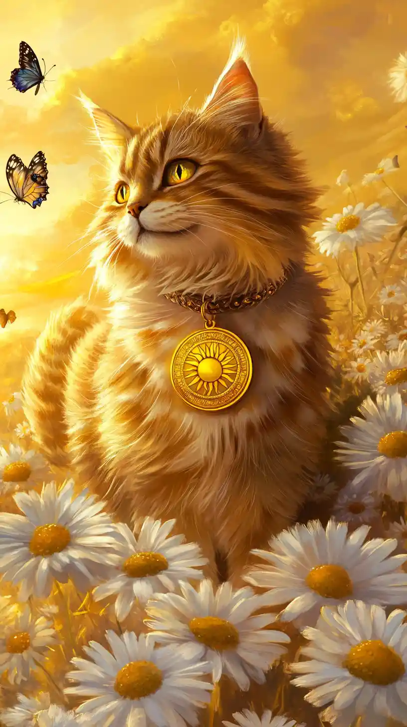 Gato dourado caminhando entre margaridas ao nascer do sol