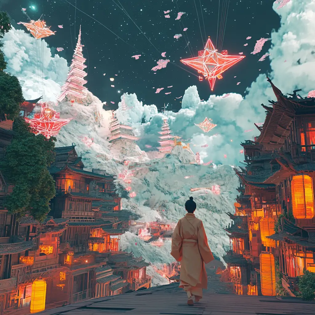 Floating monk above neon ruins of an abandoned city