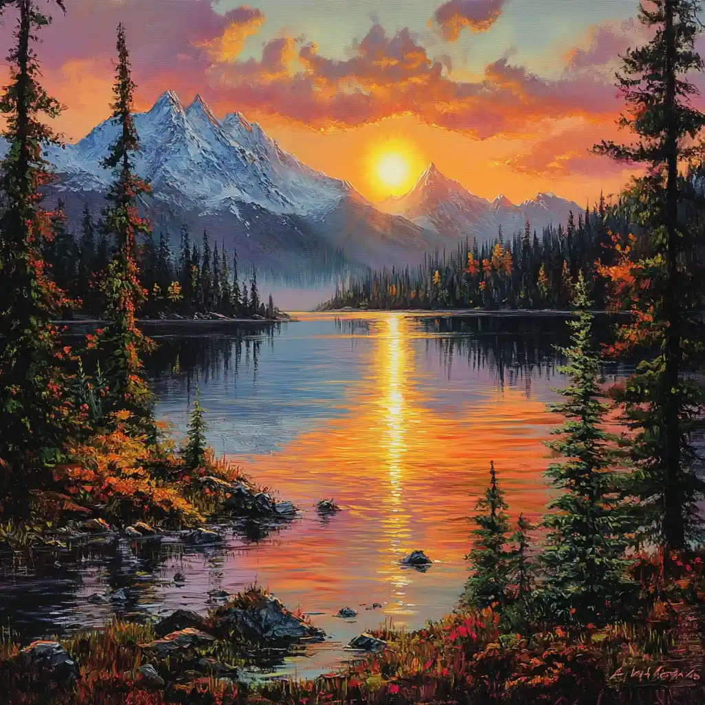 Mountain Lake At Sunset With Golden Reflections