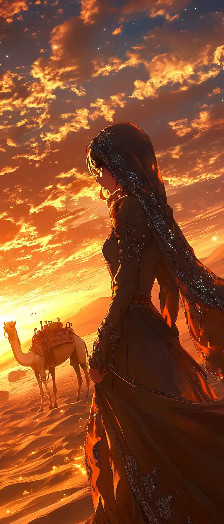 Anime bedouin girl leading camels at golden desert sunset
