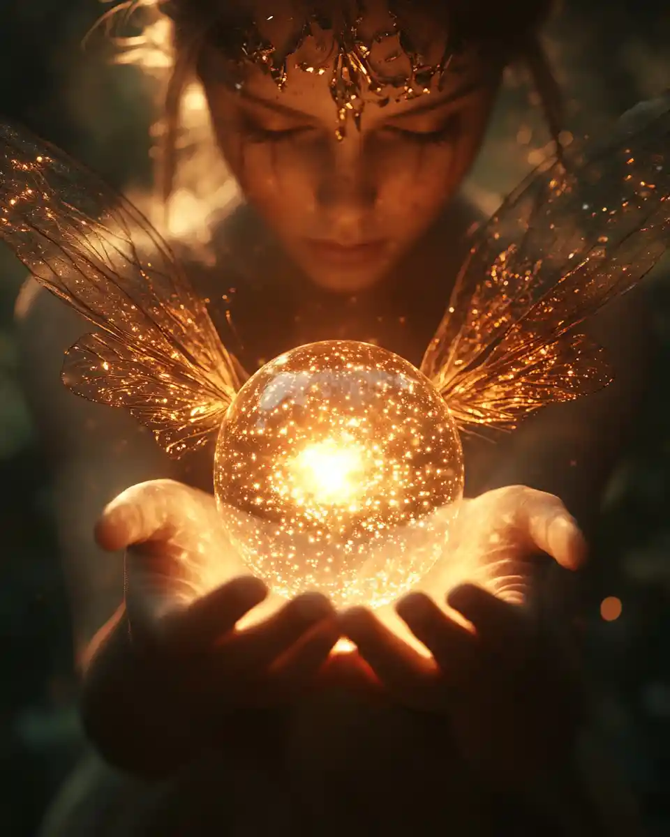 Fairy girl holding a glowing magical orb close up