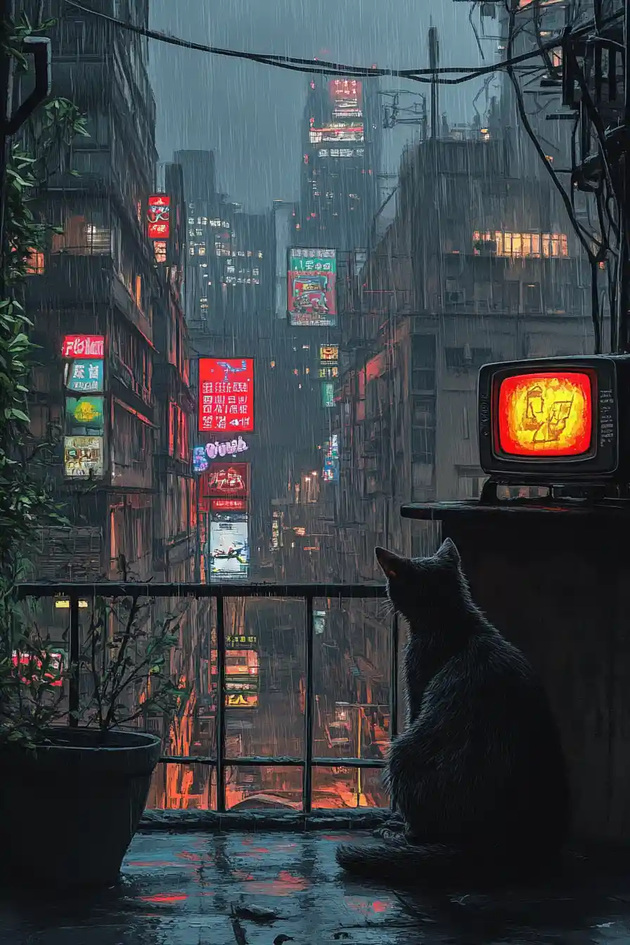 Cyberpunk cat on balcony in neon lit rainy city