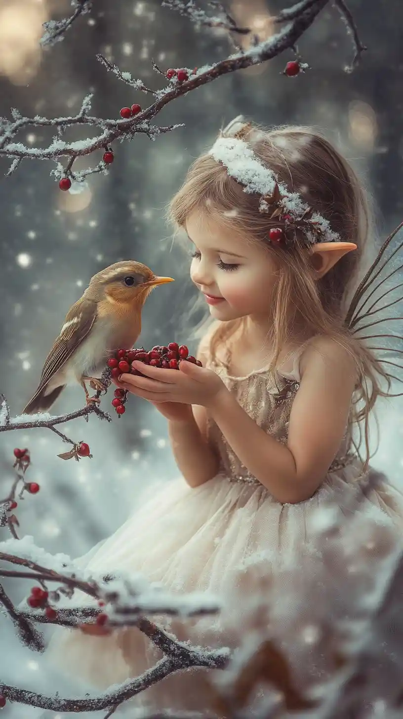 Little fairy girl feeding a bird on snowy branch