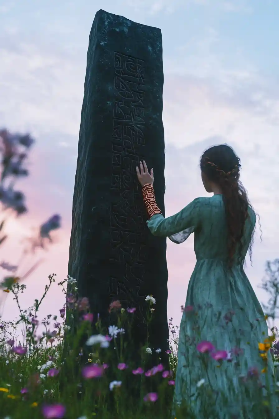Ethereal woman raising her hand to rune stone monolith