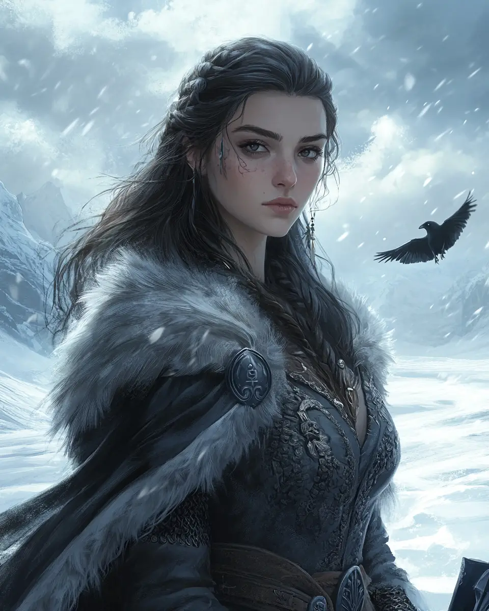 Norse witch in fur cloak by a snowy fjord