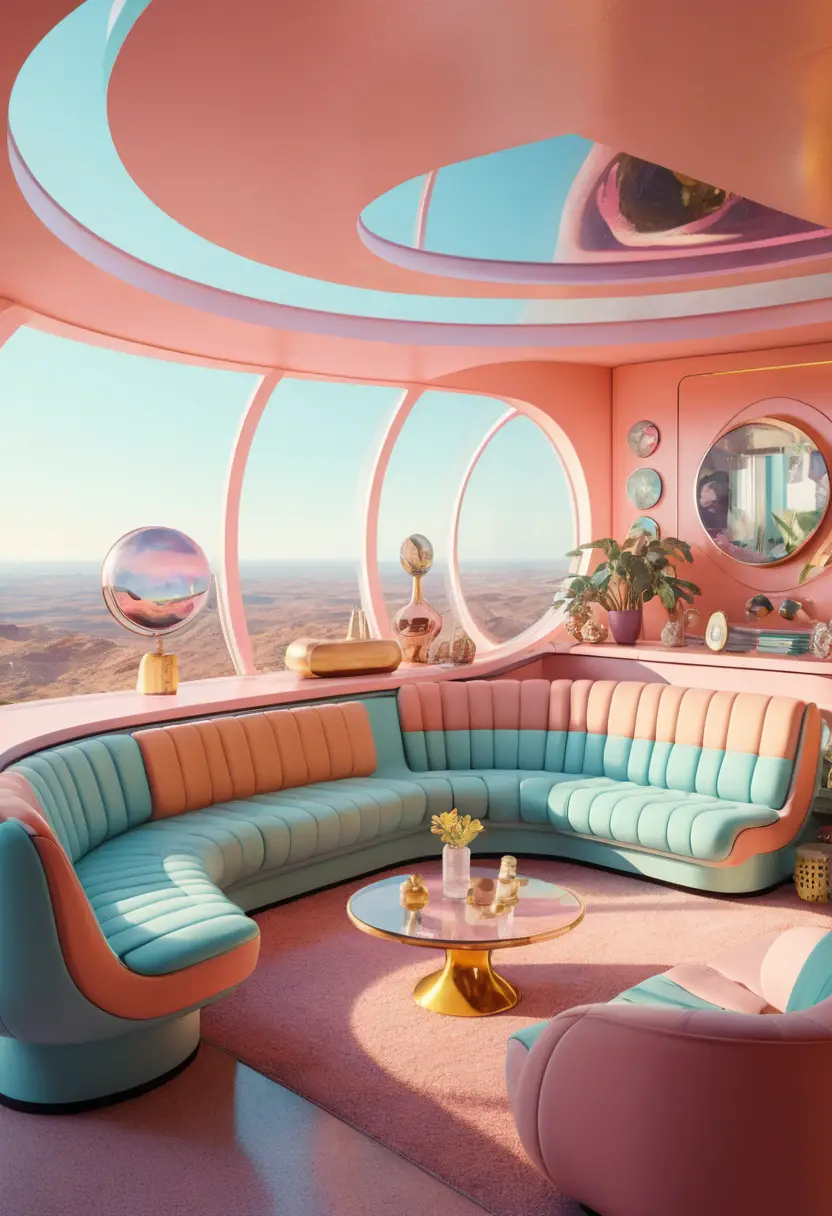 Retrofuturistic 1970s sunken living room in soft pastel glow