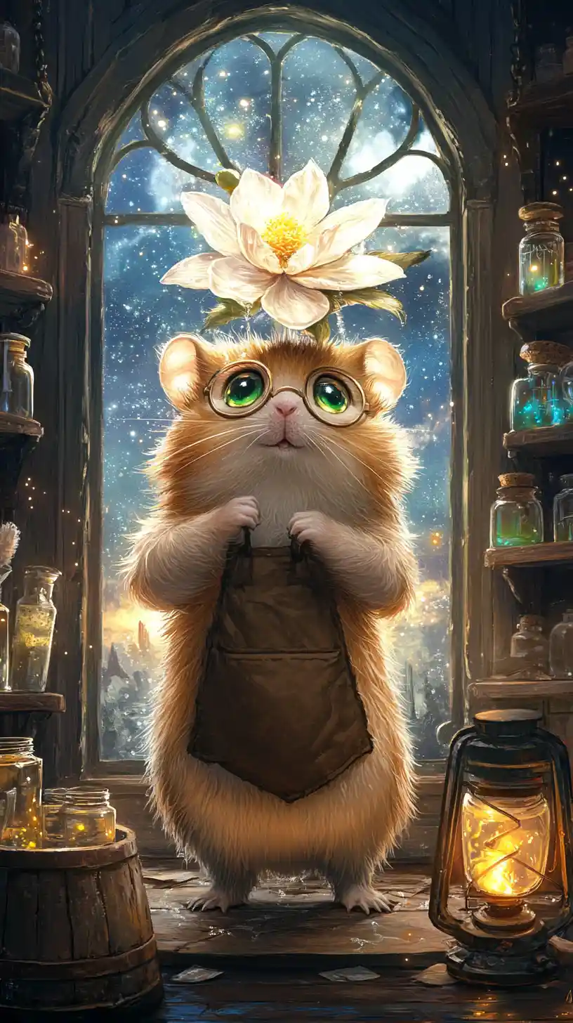Cute Hamster Cleaning A Magical Window At Midnight