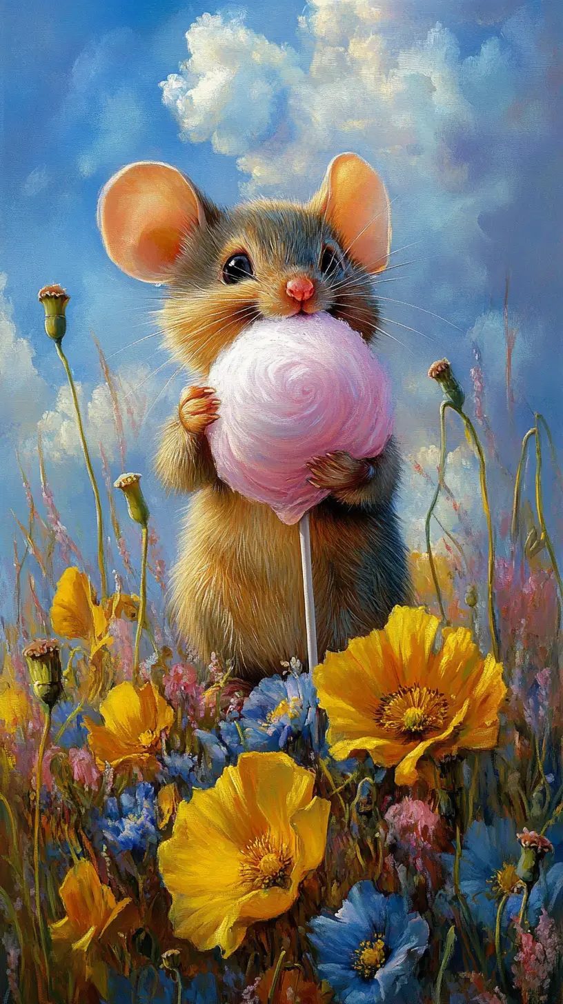 Cheerful cartoon mouse holding a large cotton candy