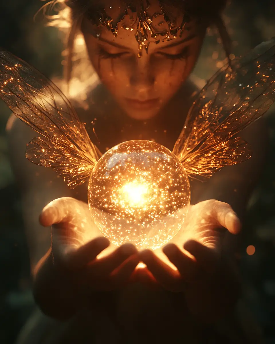Fairy girl holding a glowing magical orb close up
