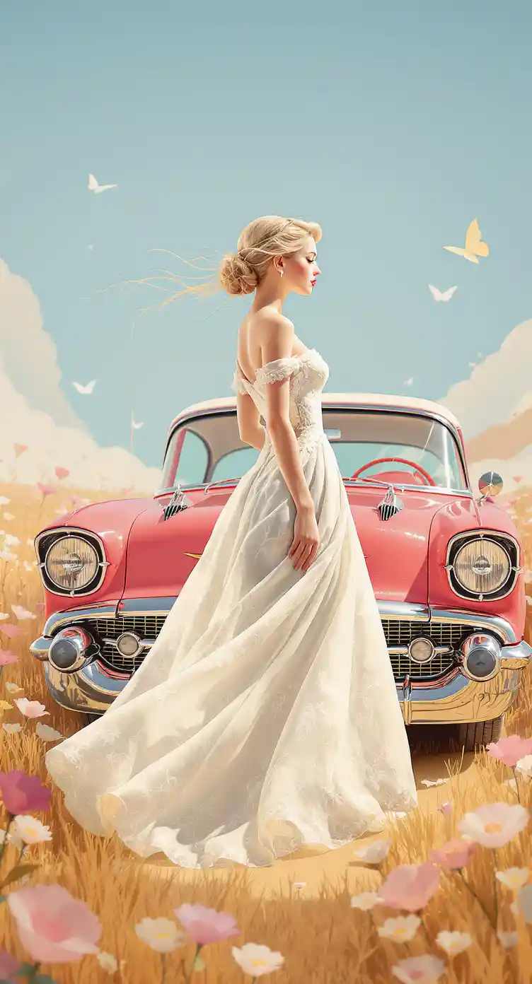 Papercraft woman in 1950s dress beside classic chevrolet