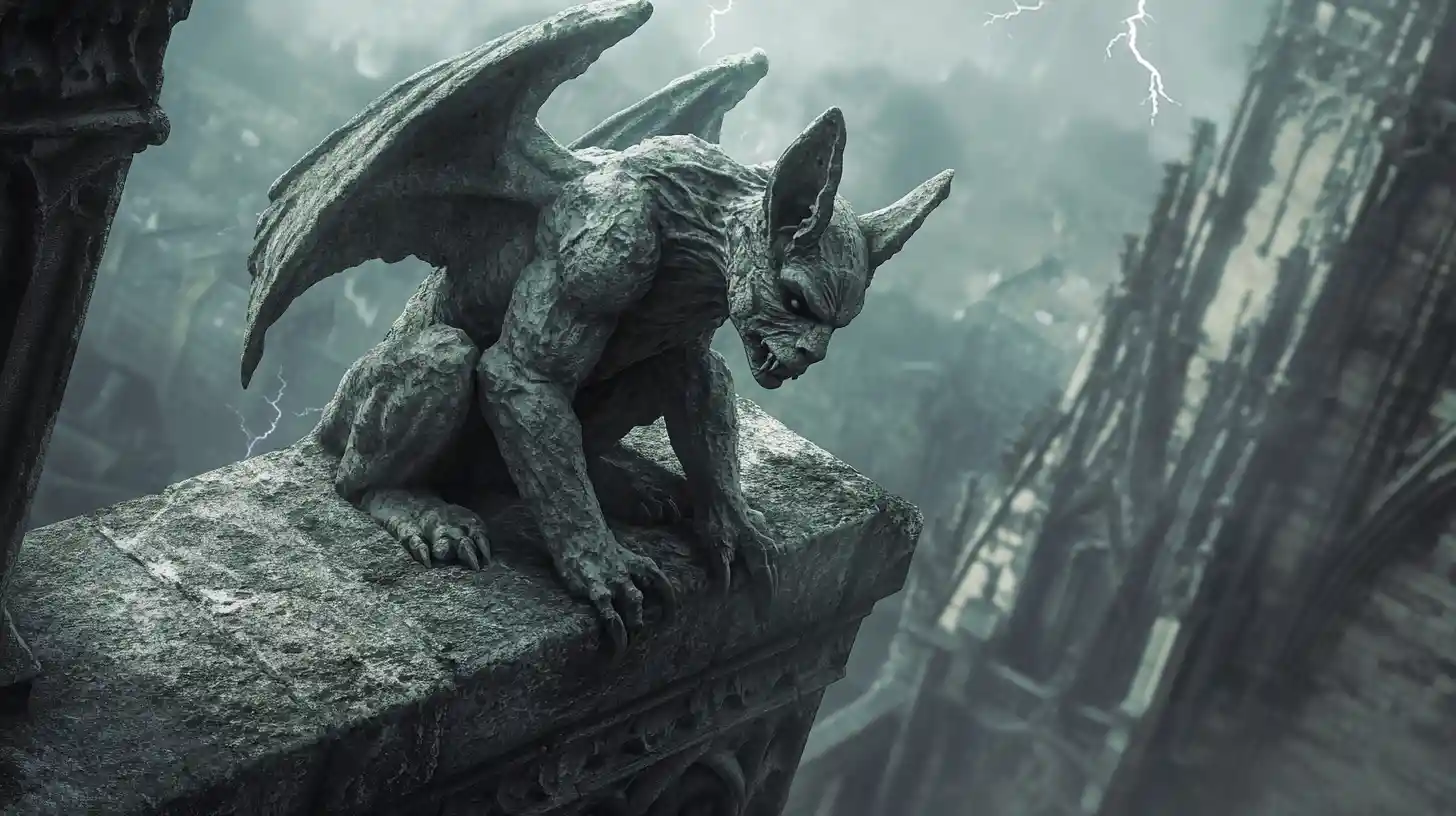 Gothic stone gargoyle on cathedral roof in stormy sky