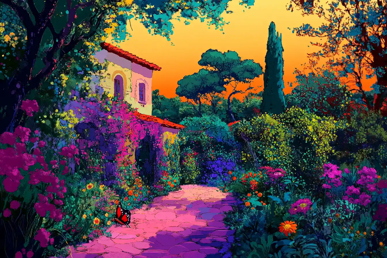 Sunrise Over A Lush Mediterranean Fantasy Garden
