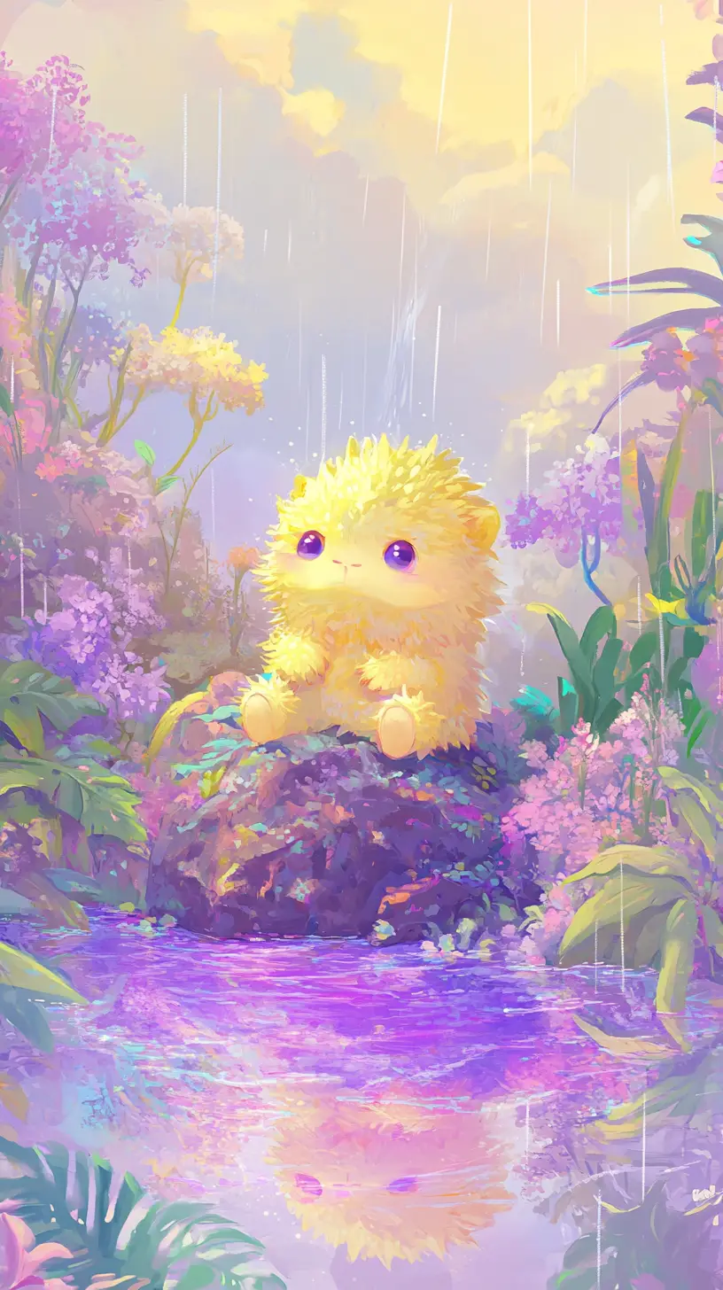 Adorable fantasy creature by a purple reflective puddle