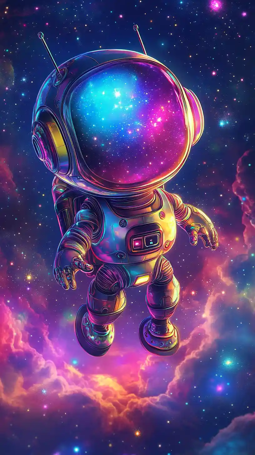 Cute holographic robot floating in a cosmic starry sky