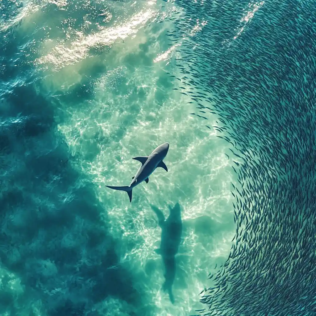 Aerial view of a shark in clear turquoise ocean